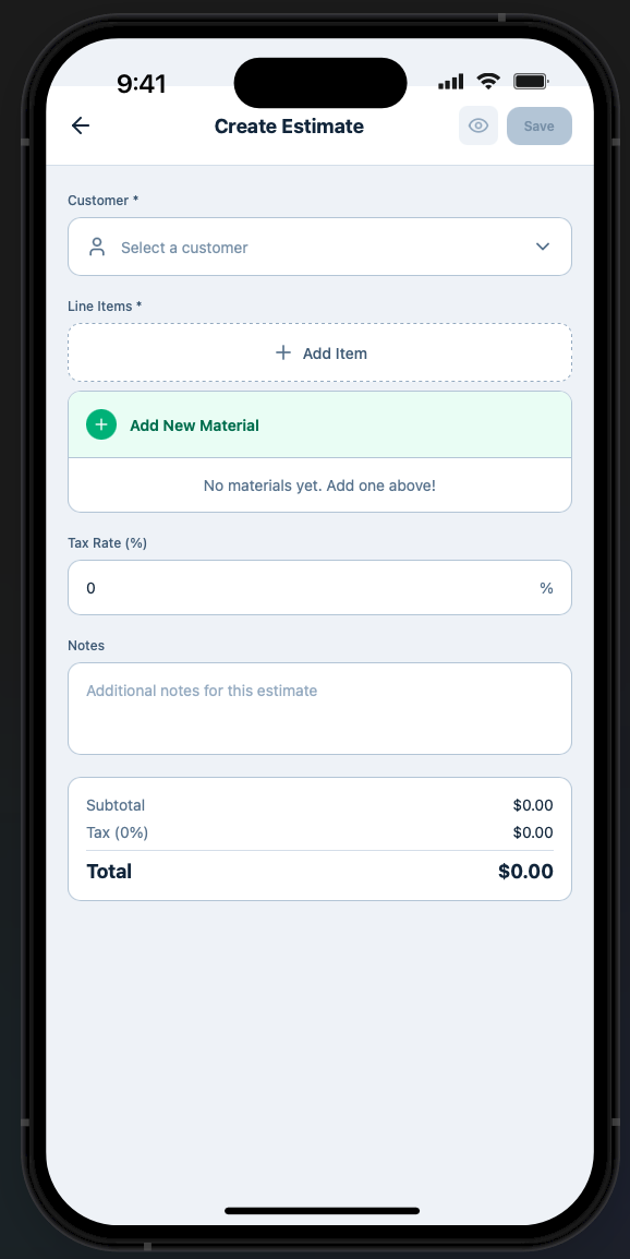 Simply Business create estimate screen with customer, line items, materials and tax rate