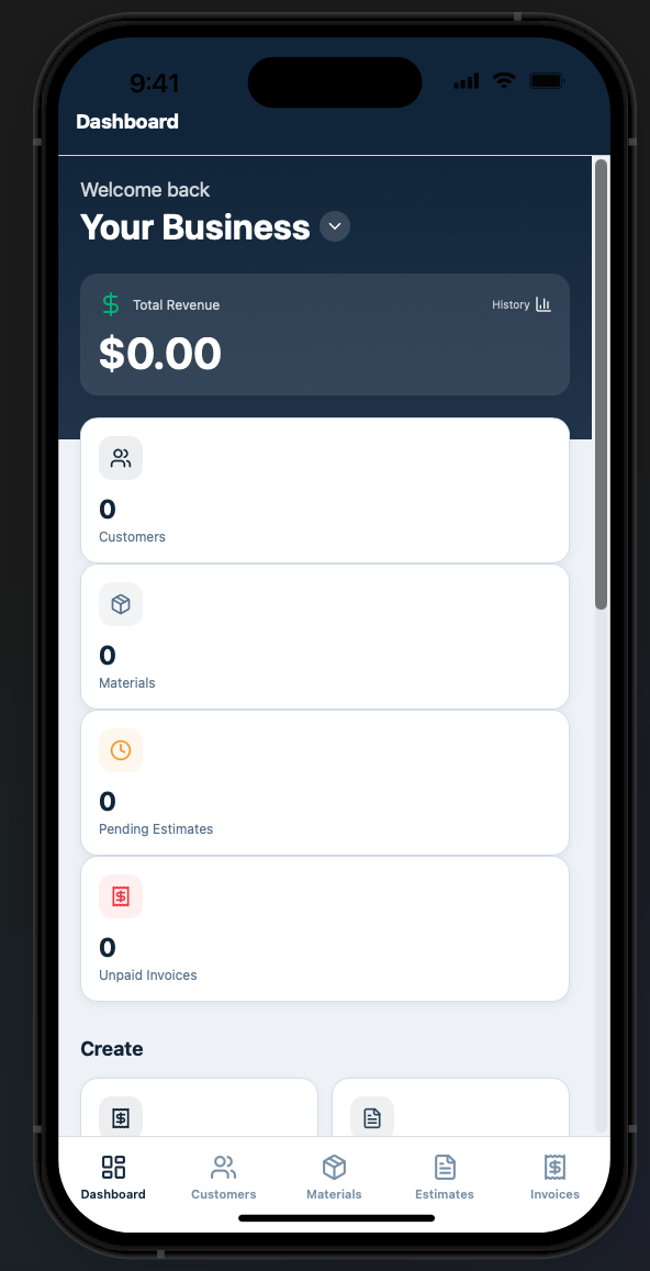 Simply Business dashboard showing total revenue, customer and invoice counts