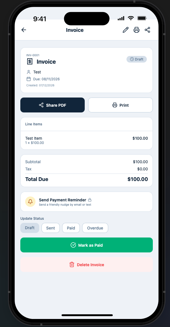 Simply Business invoice detail screen showing totals, status and payment reminder options